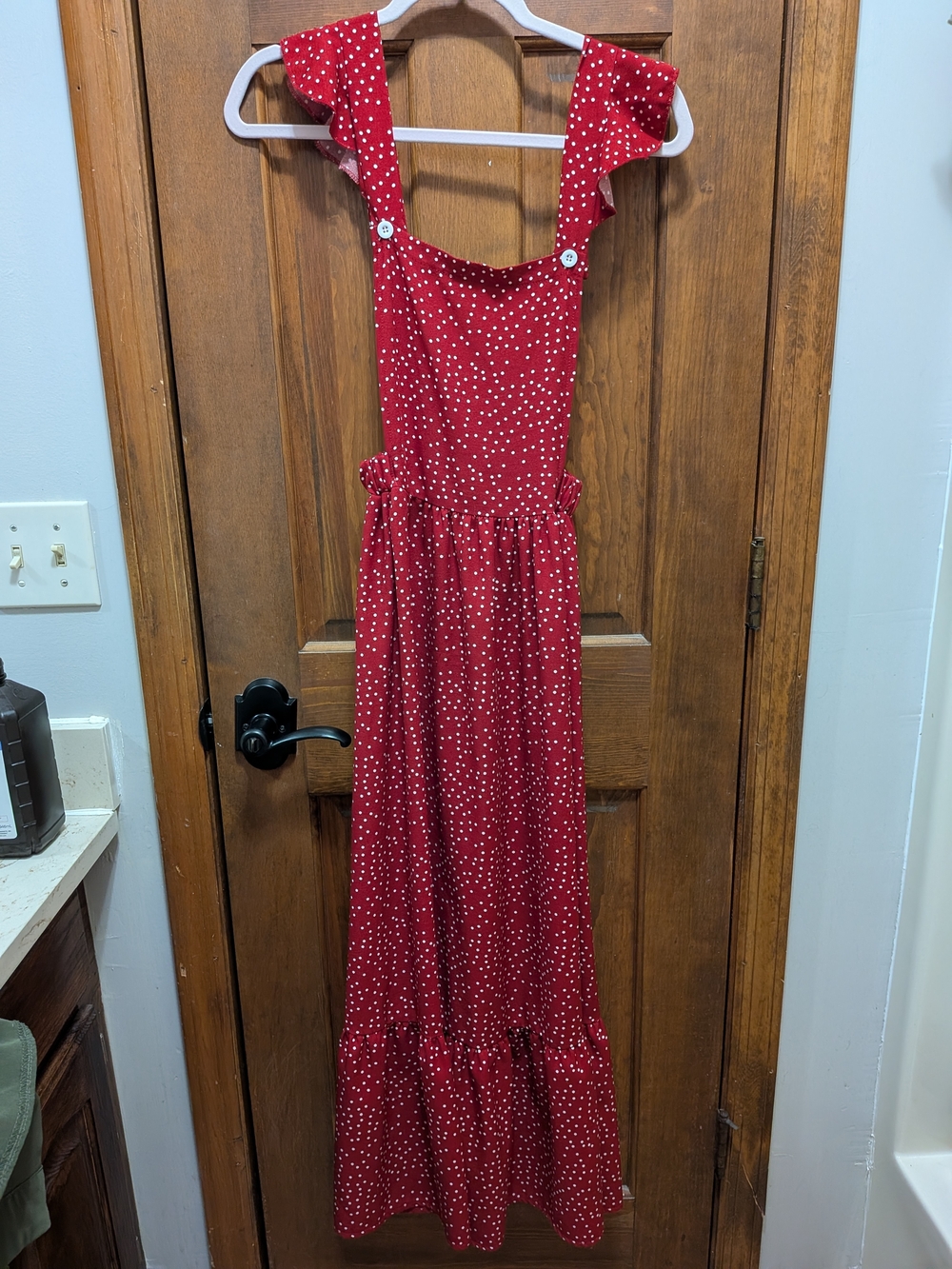 Red Polka Dot Ruffle Strap Maxi Overall Dress